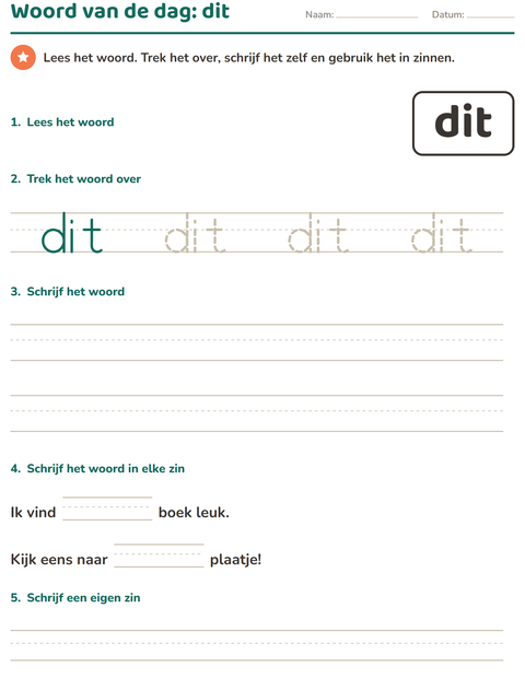 Voorbeeld van het Flitswoorden-werkblad voor kleuterklas
