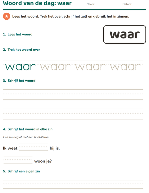 Voorbeeld van het Flitswoorden-werkblad voor kleuterklas