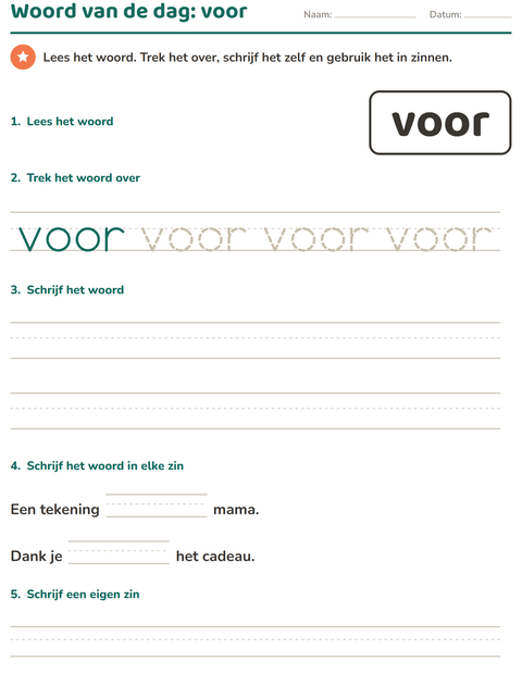 Voorbeeld van het Flitswoorden-werkblad voor kleuterklas