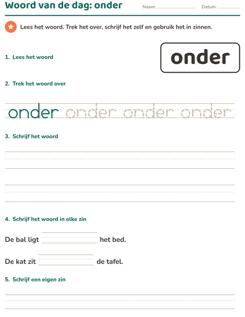 Voorbeeld van het Flitswoorden-werkblad voor kleuterklas
