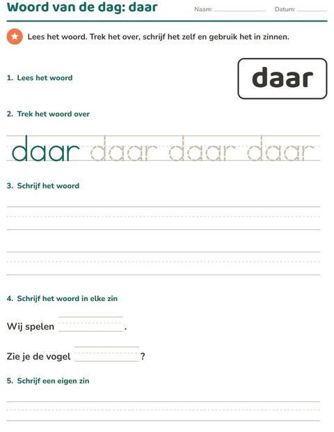 Voorbeeld van het Flitswoorden-werkblad voor kleuterklas