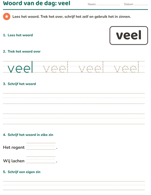 Voorbeeld van het Flitswoorden-werkblad voor kleuterklas