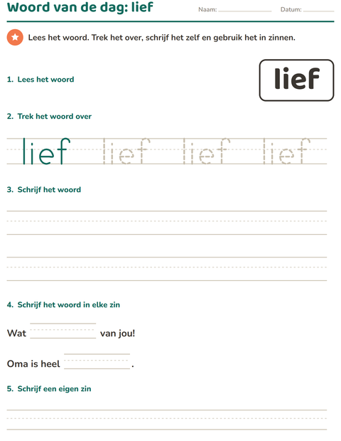 Voorbeeld van het Flitswoorden-werkblad voor kleuterklas