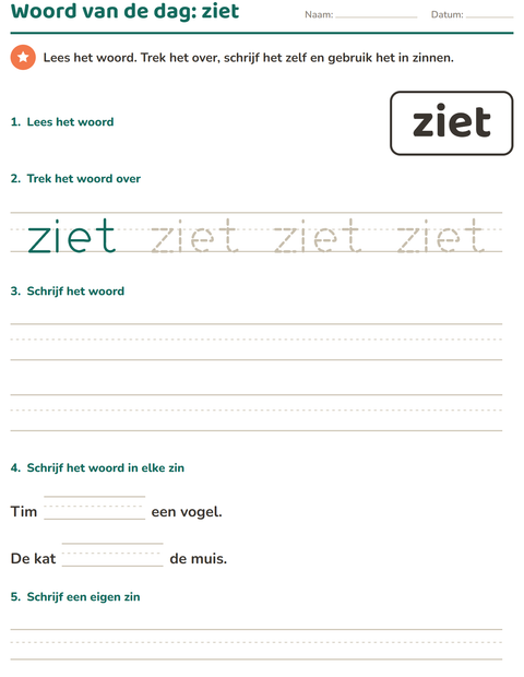 Voorbeeld van het Flitswoorden-werkblad voor kleuterklas