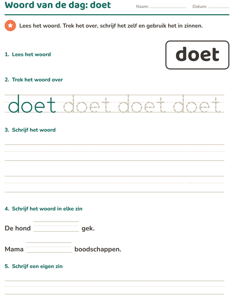 Voorbeeld van het Flitswoorden-werkblad voor kleuterklas