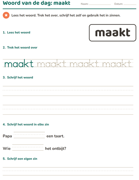 Voorbeeld van het Flitswoorden-werkblad voor kleuterklas