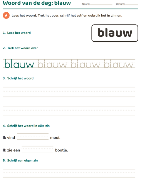 Voorbeeld van het Flitswoorden-werkblad voor kleuterklas