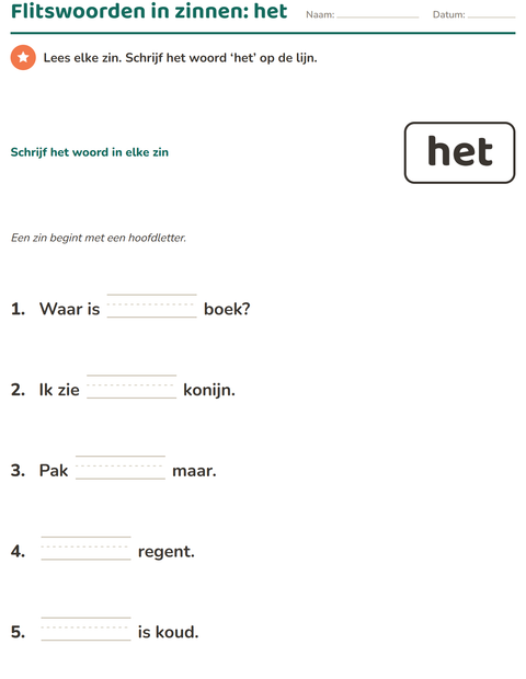 Voorbeeld van het Flitswoorden-werkblad voor kleuterklas