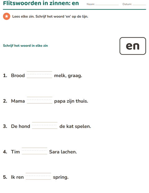 Voorbeeld van het Flitswoorden-werkblad voor kleuterklas
