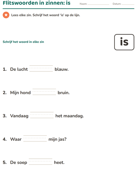 Voorbeeld van het Flitswoorden-werkblad voor kleuterklas