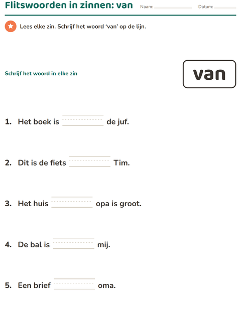 Voorbeeld van het Flitswoorden-werkblad voor kleuterklas