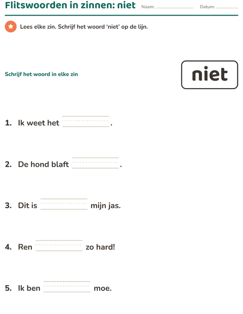 Voorbeeld van het Flitswoorden-werkblad voor kleuterklas