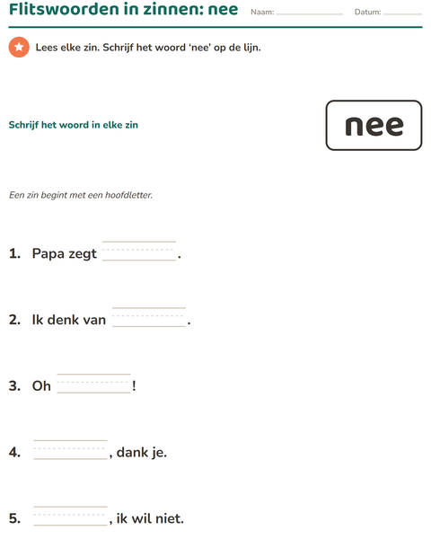 Voorbeeld van het Flitswoorden-werkblad voor kleuterklas