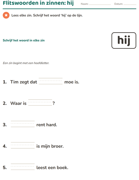 Voorbeeld van het Flitswoorden-werkblad voor kleuterklas