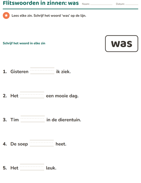 Voorbeeld van het Flitswoorden-werkblad voor kleuterklas