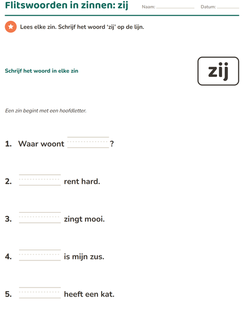 Voorbeeld van het Flitswoorden-werkblad voor kleuterklas