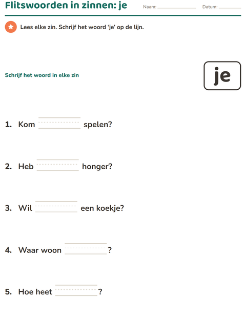 Voorbeeld van het Flitswoorden-werkblad voor kleuterklas