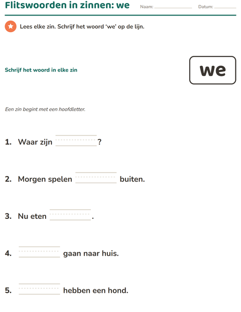 Voorbeeld van het Flitswoorden-werkblad voor kleuterklas