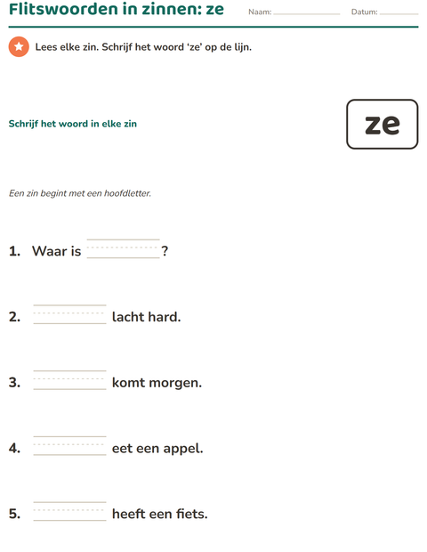 Voorbeeld van het Flitswoorden-werkblad voor kleuterklas