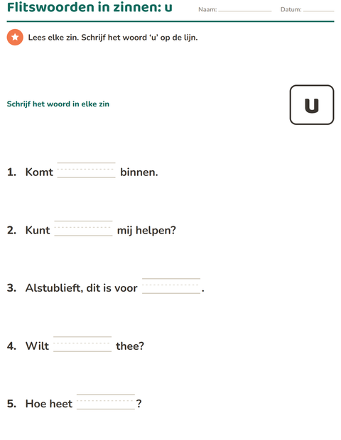 Voorbeeld van het Flitswoorden-werkblad voor kleuterklas