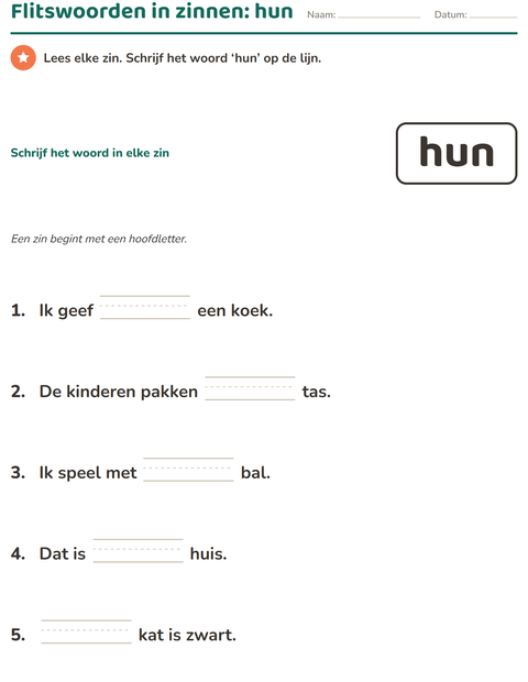 Voorbeeld van het Flitswoorden-werkblad voor kleuterklas