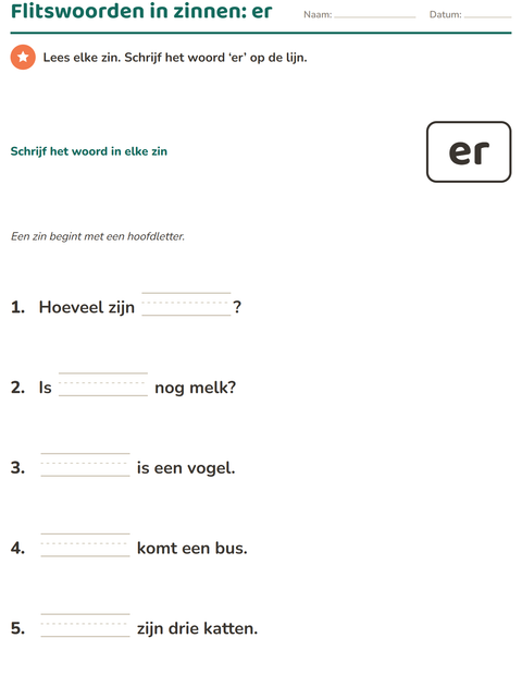 Voorbeeld van het Flitswoorden-werkblad voor kleuterklas