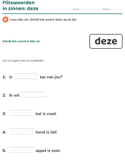 Voorbeeld van het Flitswoorden-werkblad voor kleuterklas