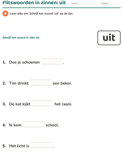 Voorbeeld van het Flitswoorden-werkblad voor kleuterklas