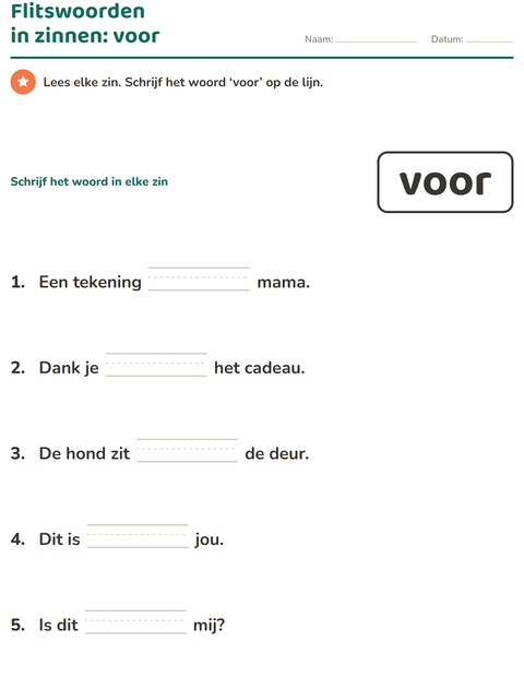 Voorbeeld van het Flitswoorden-werkblad voor kleuterklas
