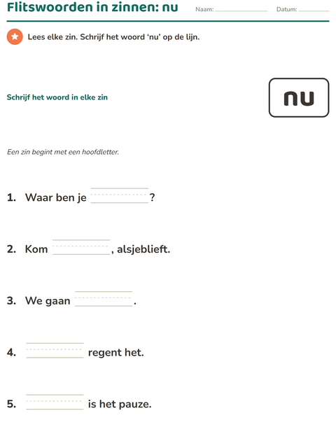 Voorbeeld van het Flitswoorden-werkblad voor kleuterklas