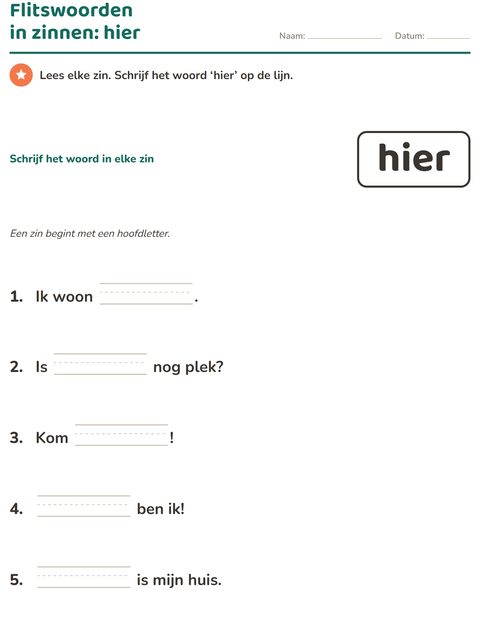 Voorbeeld van het Flitswoorden-werkblad voor kleuterklas