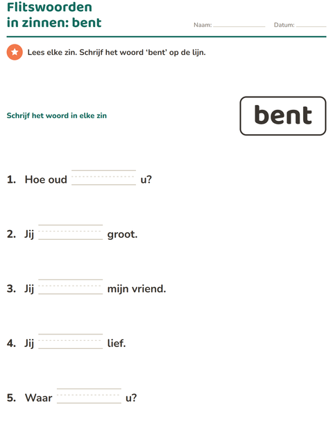 Voorbeeld van het Flitswoorden-werkblad voor kleuterklas