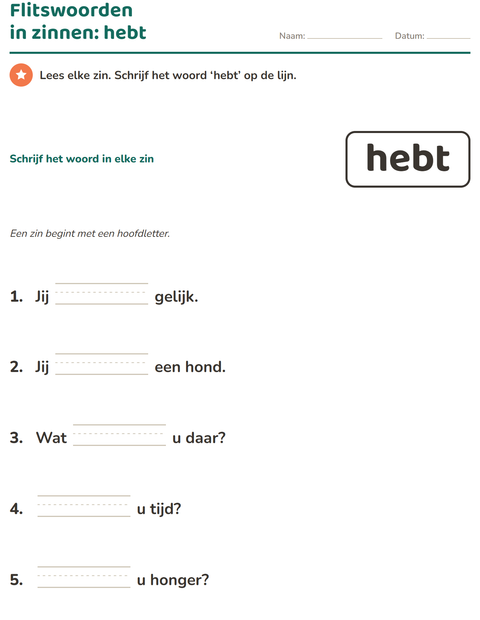 Voorbeeld van het Flitswoorden-werkblad voor kleuterklas