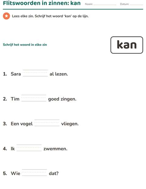 Voorbeeld van het Flitswoorden-werkblad voor kleuterklas