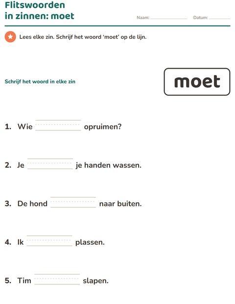 Voorbeeld van het Flitswoorden-werkblad voor kleuterklas
