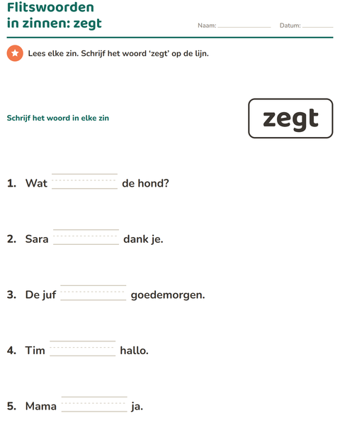 Voorbeeld van het Flitswoorden-werkblad voor kleuterklas
