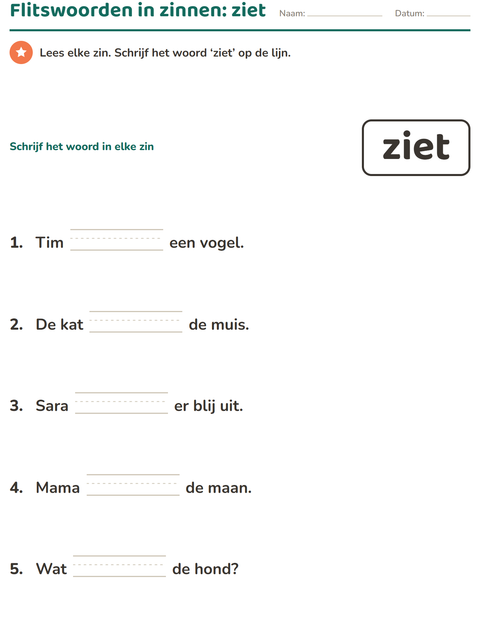 Voorbeeld van het Flitswoorden-werkblad voor kleuterklas