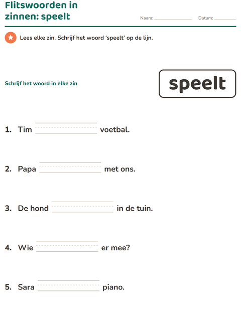 Voorbeeld van het Flitswoorden-werkblad voor kleuterklas