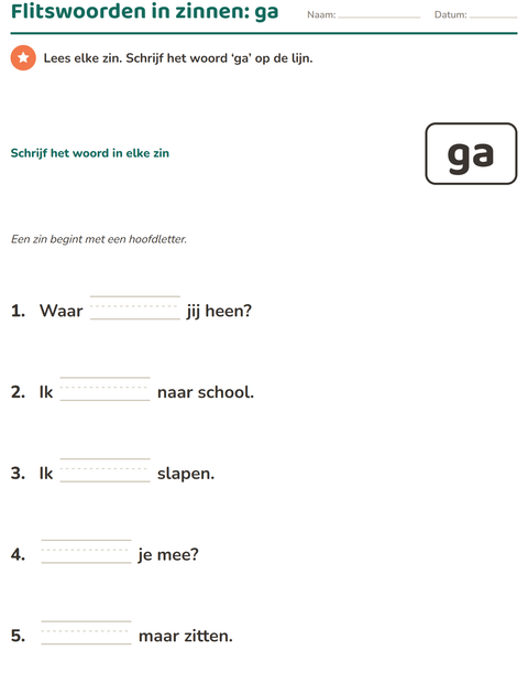 Voorbeeld van het Flitswoorden-werkblad voor kleuterklas