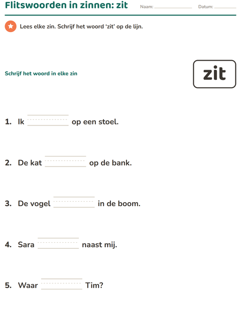 Voorbeeld van het Flitswoorden-werkblad voor kleuterklas