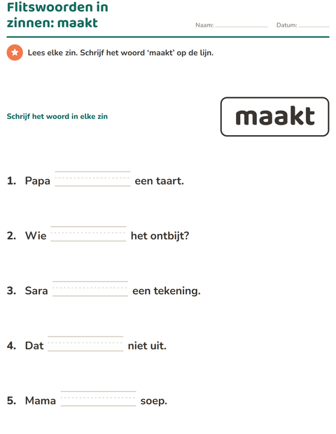Voorbeeld van het Flitswoorden-werkblad voor kleuterklas
