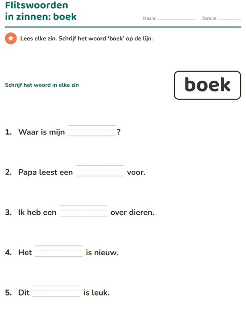 Voorbeeld van het Flitswoorden-werkblad voor kleuterklas