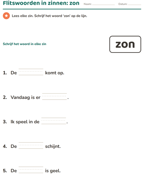 Voorbeeld van het Flitswoorden-werkblad voor kleuterklas