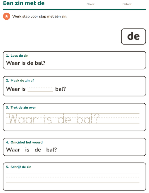 Voorbeeld van het Flitswoorden-werkblad voor kleuterklas