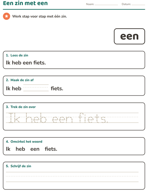 Voorbeeld van het Flitswoorden-werkblad voor kleuterklas