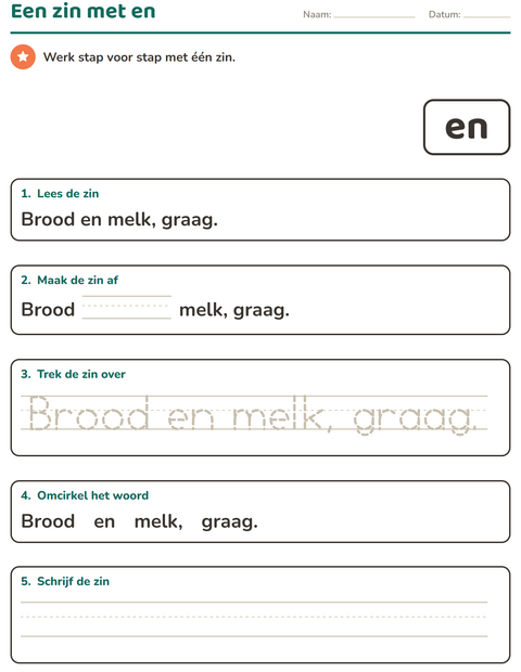 Voorbeeld van het Flitswoorden-werkblad voor kleuterklas