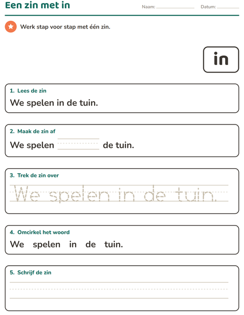 Voorbeeld van het Flitswoorden-werkblad voor kleuterklas