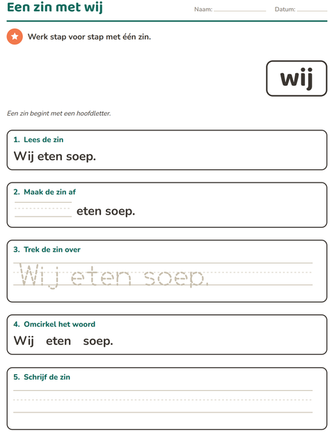 Voorbeeld van het Flitswoorden-werkblad voor kleuterklas