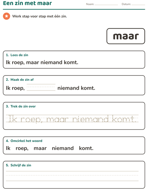 Voorbeeld van het Flitswoorden-werkblad voor kleuterklas