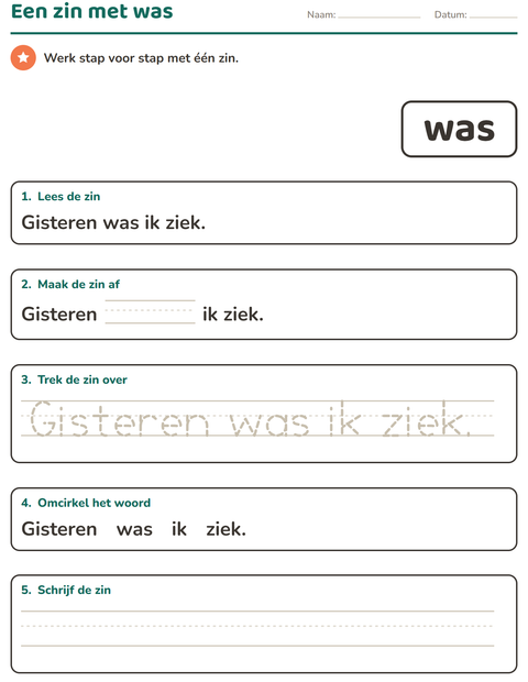 Voorbeeld van het Flitswoorden-werkblad voor kleuterklas